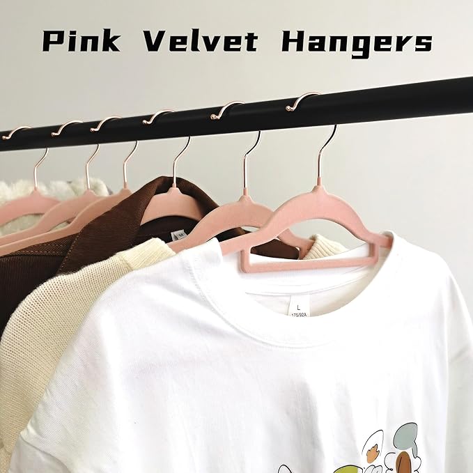 Pink Velvet Hangers 50 Pack - Rose Gold Hook, Space Saving Non-Slip Clothes Hangers, 16.5 Inch with Tie Bar for Coats,Sweater,Jackets,Dresses, Shirts, Suits & T-Shirts