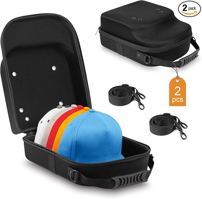 2 PCS Hard Hat Travel Cases for Baseball Caps - Crush Proof Cap Carrier for 10 Hats, Hat Storage Organizer with Adjustable Shoulder Strap, Trolley Sleeve and Handle, for Travel & Home Use
