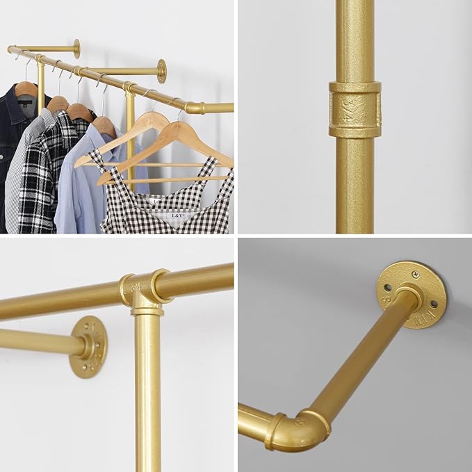 Industrial Pipe Clothing Rack Wall Mounted,Wall Mounted Clothes Rack,Five Bases, Strong Load Bearing Capacity, Space Saving, Suitable for Clothes Display and Storage (80.7, Gold)