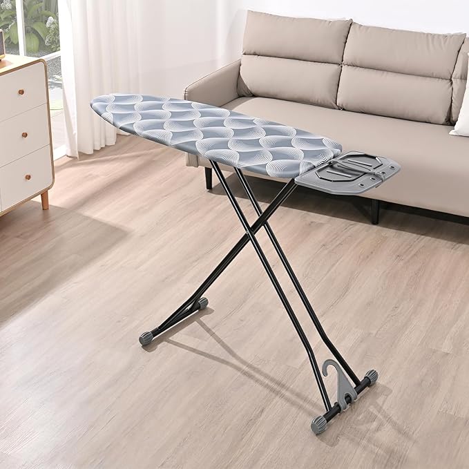 KINGBOARD Ironing Board, Metal Panel Iron Board Full Size with Iron Rest, Compact Iron Board with 7 Height Adjustable, Heavy Duty Folding Iron Stand with Hanger, 15x45 Grey