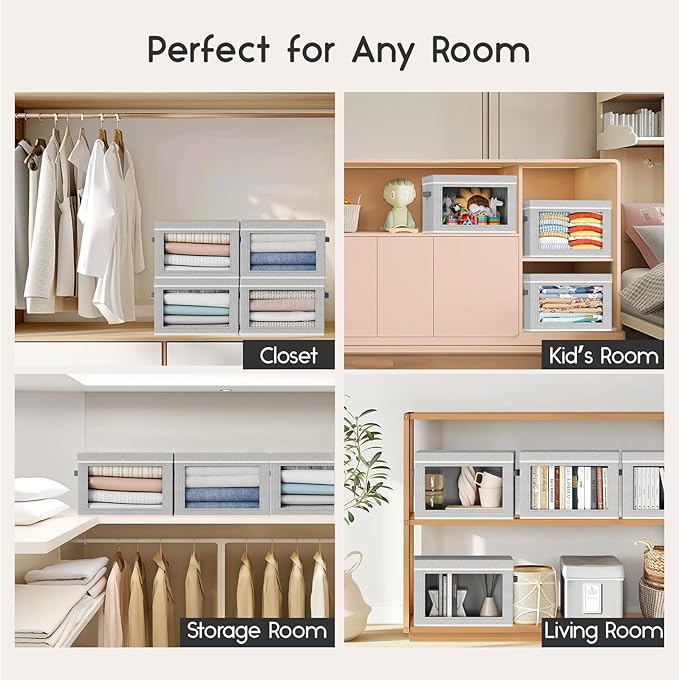 Collapsible Storage Bins with Lids - Stackable Storage Containers with Window, 3 Pack Fabric Bins for Closet, Home & Office Organization Baskets, Light Gray, 14.9" x 9.8" x 9.8"