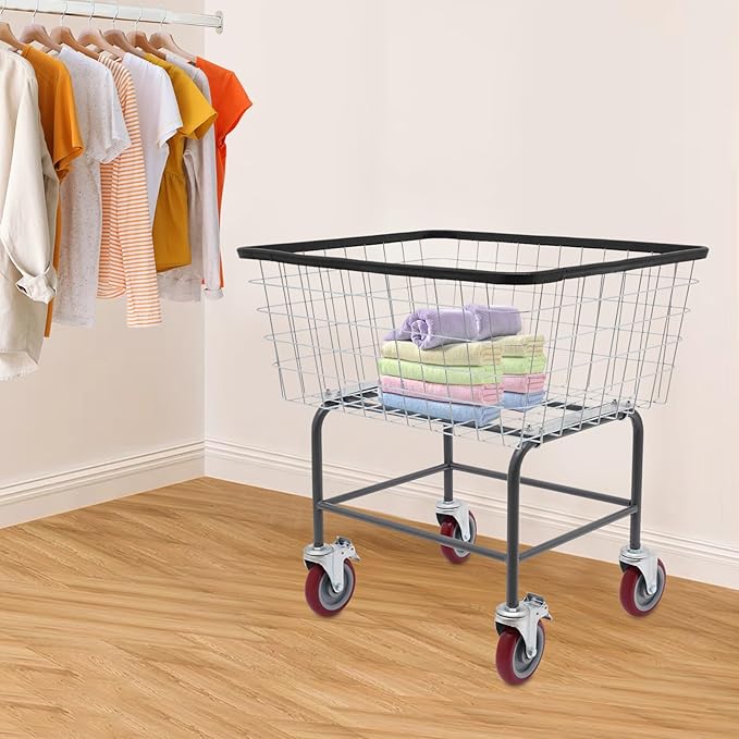 Steel Wire Laundry Cart with Wheels, Heavy-Duty Commercial Laundry Basket, 110 lbs Capacity Rolling Laundry Hamper for Home, Hotel, and Laundry Room