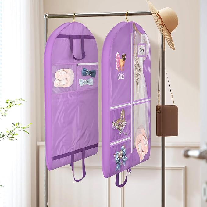 Univivi Dance Garment Bags for Dancers, 3" Gusseted Garment Bags for Dance Costumes with 5 Pockets, 40" Dance Garment Bag with Puppy Pattern for Dance Competitions and Travel (Purple)