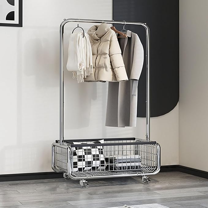 Freestanding Clothes Rack,Metal Coat Rack with Movable Storage Basket,360° Rolling Clothes Rack,Mobile Storage Coat Rack for Bedroom (Size : 80cm)