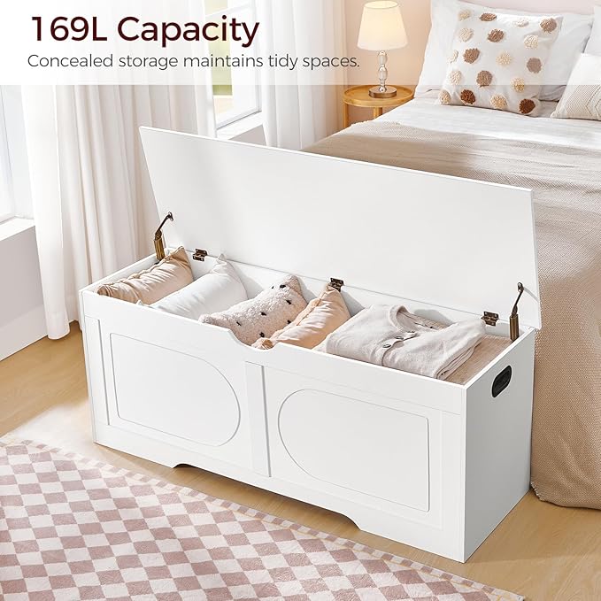 Storage Chest, 47.2” Toy Box, Entryway Storage Trunk, Shoe Bench with Storage, Engineered Wood Storage Cabinet with 2 Safety Hinges, Entrance Bench for Living Room, White SCWT2201
