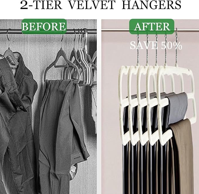 Velvet Pants Hangers,2 Tier Jeans Hanger,Premium Non Slip,Thin Space Saving Slim Trousers Hanger,13.77inch