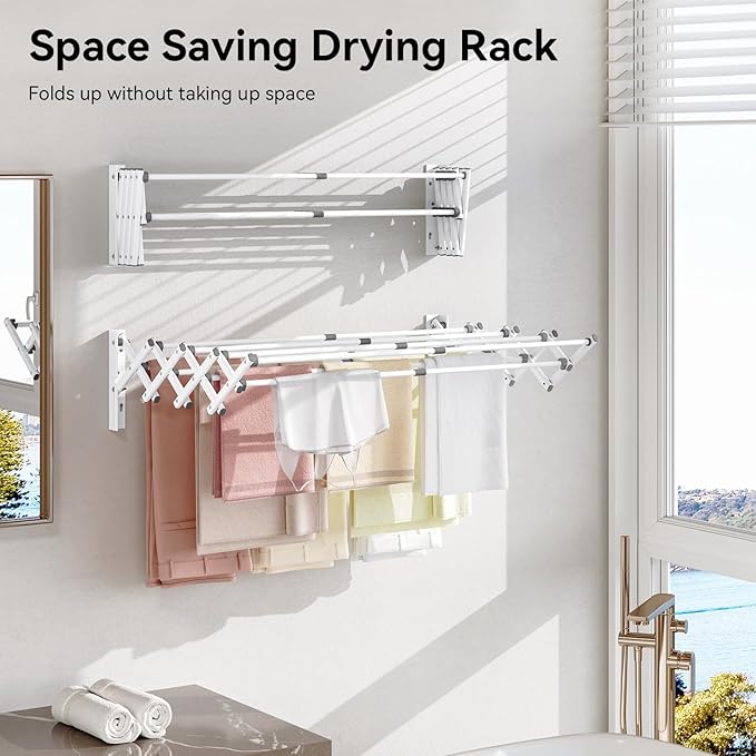 APEXCHASER Wall Mounted Clothes Drying Rack Laundry Drying Rack Retractable, Towel Racks Wall Mounted for Bathroom Balcony Laundry Room Indoor, Foldable Accordion Dryer Rack for Clothing, White