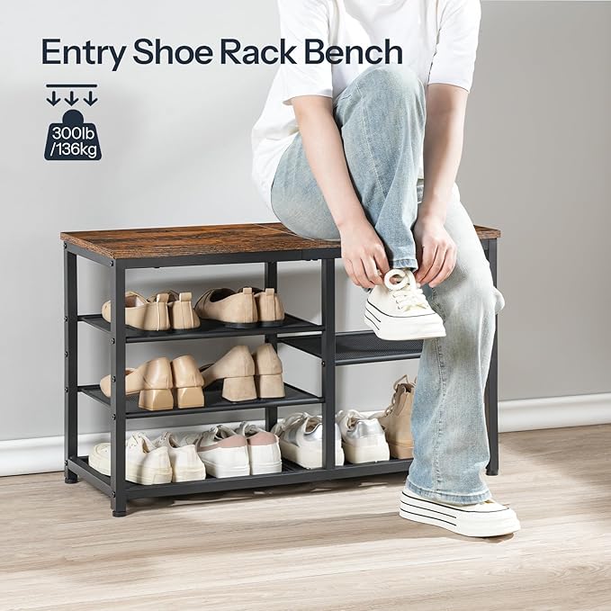HOOBRO Shoe Bench, 5-Tier Shoe Rack Bench, Entryway Bench with Shoe Storage, Shoe Storage Organizer, 31.5" L Shoe Storage Bench for Entryway, Hallway, Space Saving, Rustic Brown and Black BF36HX01