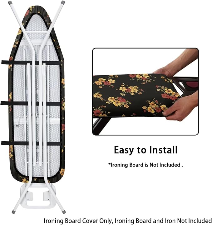 Floral Ironing Board Cover Elastic Edge, Black Heavy Duty Iron Pad Covers Standard Boards Lightweight Full Size Scorch Resistant Padding