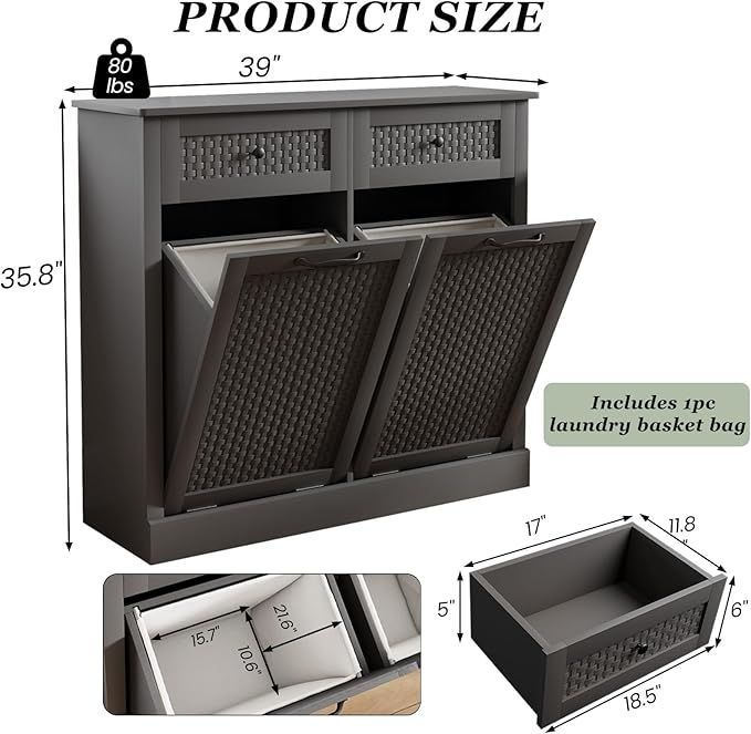 Double Tilt Out Laundry Hamper Cabinet, Rattan-Style Laundry Room Organization with Removable Laundry Basket, Hidden Wood Dirty Clothes Hamper with Drawers, 39" L x 13" W x 35.8" H, Gray