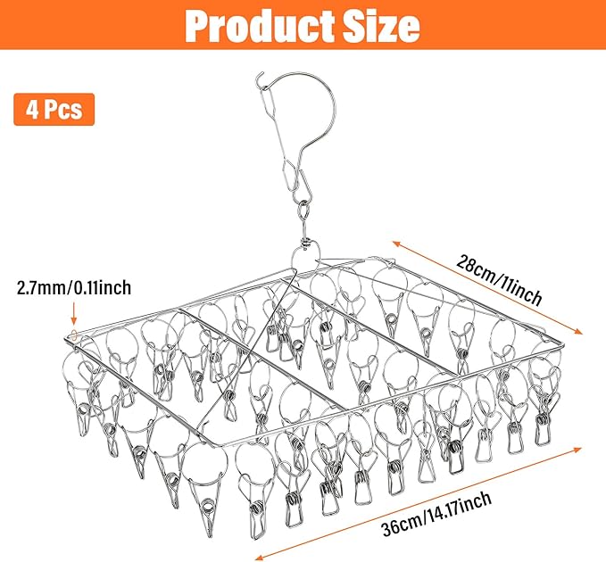 4 Pack Stainless Steel Sock Drying Rack with 160 Clips, 360° Rotatable Windproof Hook Hanger Rack for Underwear, Bras, Socks, Towels and Laundry Accessories, Silver