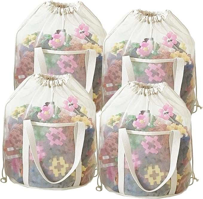 4 Pack Large Mesh Toy Storage Bags,Heavy Duty Mesh Bag with Drawstring, Durable & Breathable for Toys, Laundry, Pool & Beach Accessories, Home & Travel Organization