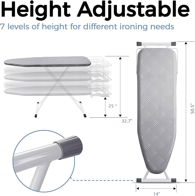 SheeChung Ironing Board 13"x43",Compact Ironing Board with Iron Rest,Folding Iron Board for Small Space,Heat Scorch Resistant Cover,Sturdy Metal Frame,7 Adjustable Height,Standing Ironing Table,Grey