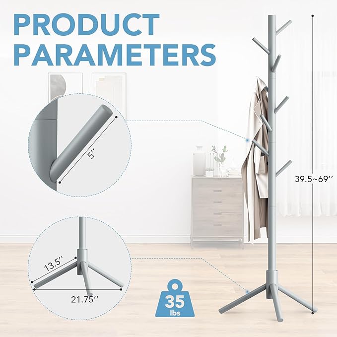 Wooden Coat Rack Freestanding with 8 Hooks,Easy Assembly New Zealand Pine Tree Coat Racks, 3 Adjustable Sizes for Clothes, Hats, Bags, for Entryway, Hallway, Bedroom, Office (Grey, 1 PC)