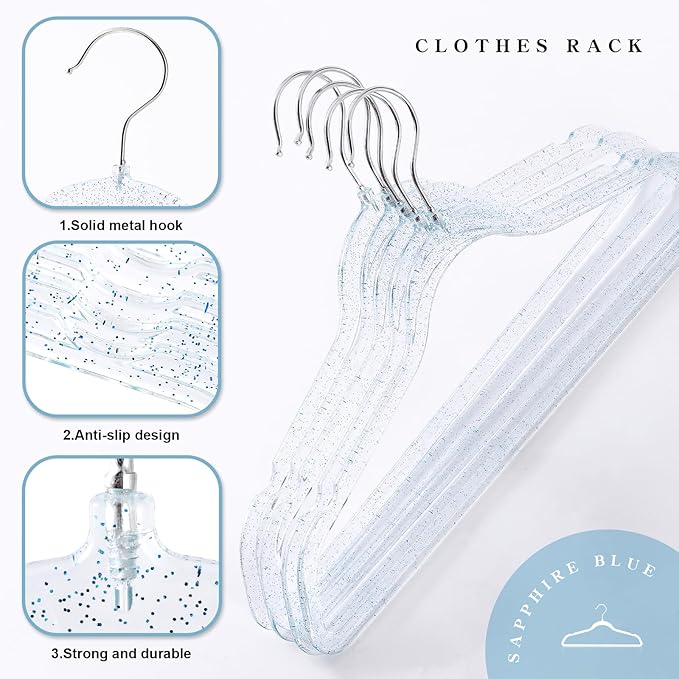 20 Pcs Blue Glitter Sparkle Hangers, Ultra-Thin Acrylic Glitter Hangers for Dresses and Suits - Non-Slip Space-Saving Clothes Hangers (Blue)