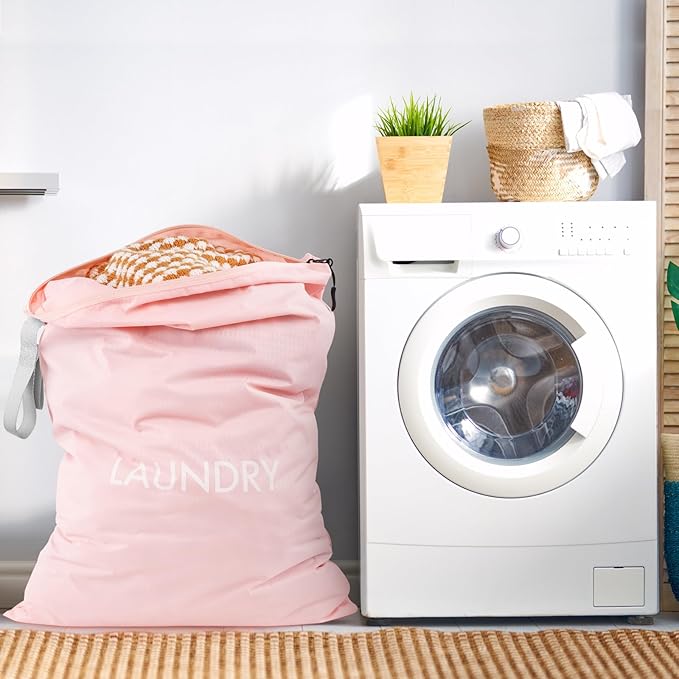 WiseBoy Laundry Bag, 23.6x35 inch Oversized Laundry Bags, Travel Laundry Bag Dirty Clothes Organizer, Nylon Wet Dry Storage Bag for College Dorm, Camping, Caravan, Pink