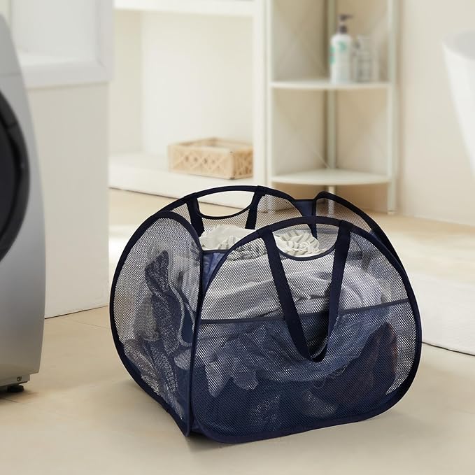 TECHMILLY Collapsible Mesh Pop Up Laundry Hamper with Strong Handles, Large Opening Clothes Hamper with Side Pockets, Storage Baskets for Dorm, Laundry Room, Bathroom or Travel (Blue, 90L)