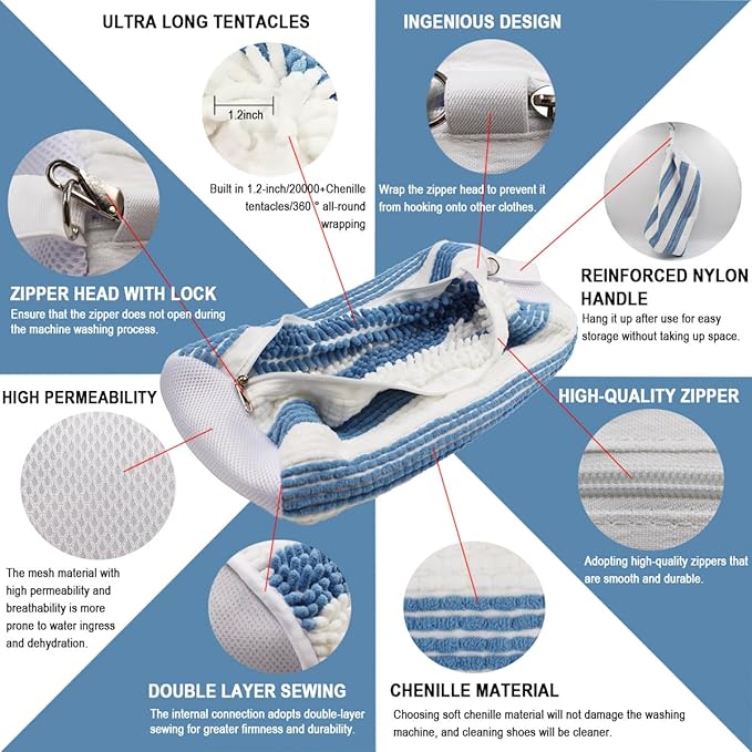 Shoe Washing Machine Bag,Blue and white stripes Mesh Shoe Washing Bag for Washing Machine - Large Size Fits various Shoes, Chenille Fabric Protection, Zipper Laundry Bag for Sneakers (2 Pcs)