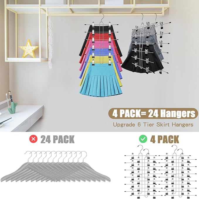 6 Tier Skirt Hangers Space Saving,4 Pack Pants Skirts Hangers with Clips for Women Closet,Non Slip Closet Organizer and Storage Multi Clothes Shorts Hanger Organization Dorm Room Essentials