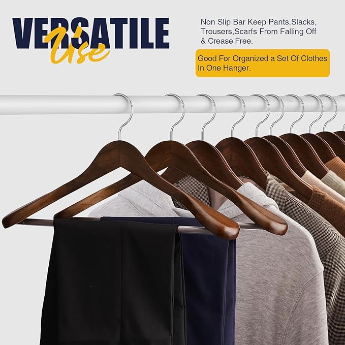 Suit Hangers 6 Pack Wooden Coat Hangers,Wide Shoulder Hangers with Non Slip Pants Holder,Heavy Duty Clothes Hangers,Suit Hangers for Men,for Women,for Suit,Coat,Jacket,Pants (Walnut