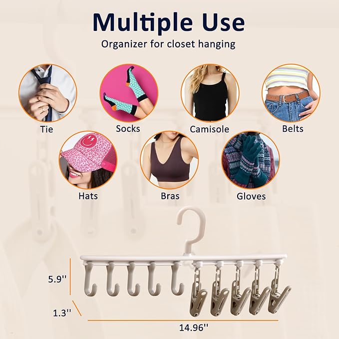 Clothes Hanger with 5 Clips and 5 Hooks Laundry Drying Rack 2 Pack, Clothes Drying Rack Leggings Hangers for Closet Windproof Clip for Drying Socks, Bras, Towel, Hats, Underwear, Baby Clothes