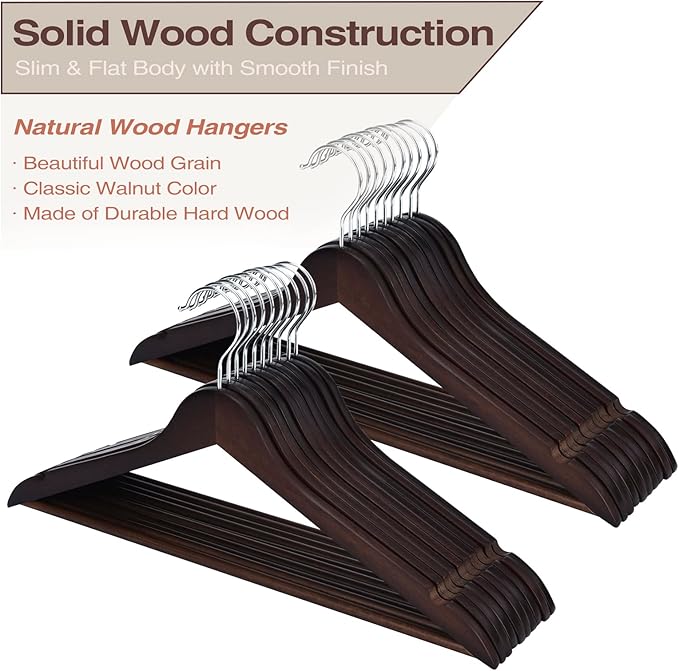 FairyHaus Wood Hangers 30 Pack, Smooth Finish Wooden Coat Suit Hangers with 360° Swivel Hook and Notches, Lightweight Walnut Wood Clothes Hangers for Camisole, Pants, Dress