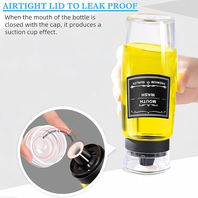 1 Pack Glass Mouthwash Dispenser, Leakproof Mouth Wash Container Bottle with Cup Lid, 9.5 OZ Refillable Clear Mouthwash Dispensers Decanter for Bathroom Farmhouse Decor/6 Pcs Label