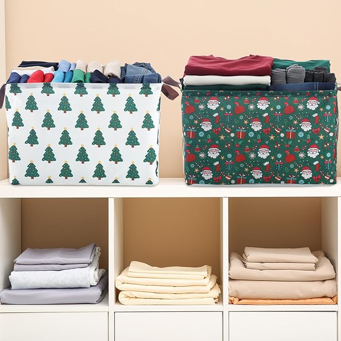 Vesici 6 Pack Christmas Basket for Gifts Empty Christmas Storage Bins with Handle Santa Snowman Foldable Storage Box Canvas Laundry Basket for Xmas Office Home Bedroom Clothes