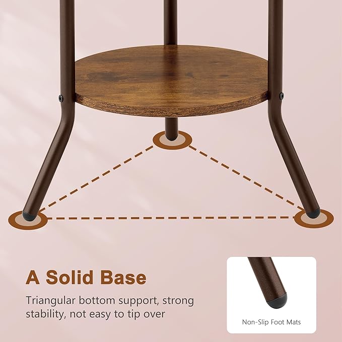 Hoctieon Coat Rack Freestanding, Round Coat Rack with 3 Wooden Shelves and 1 Fabric Basket, Metal Clothes Tree with 5 Hooks, Coat Hanger Stand for Clothes, Hats, Bags, Rustic Brown