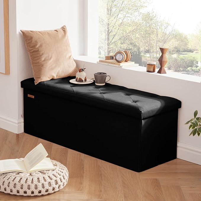 HAUSFRAU Storage Ottoman Bench with Flipping Lid, 43.3 Inches Storage Chest Footsrest, Folding Foot Stool for Entryway, Living Room, Bedroom, Linen Black