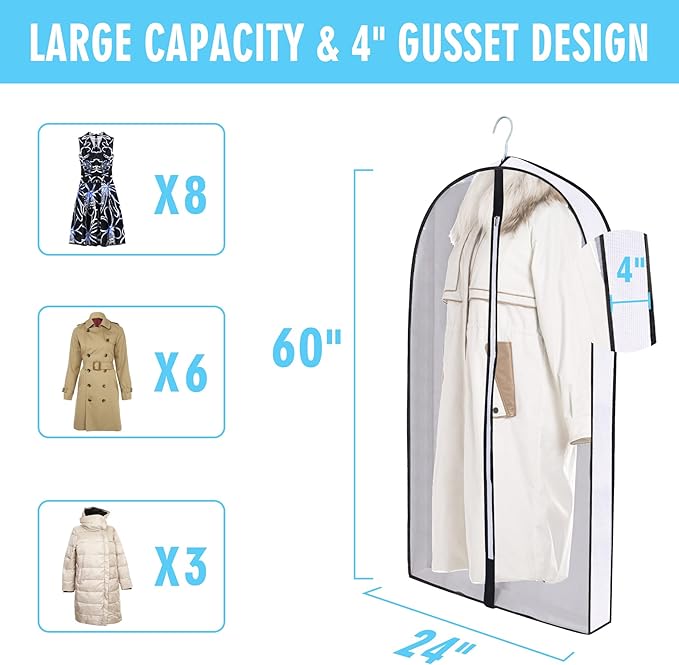 60" Garment Bags for Hanging Clothes, Clear Proof Suits Covers with 4" Gussets for Closet Storage and Travel Hanging Clothes Bag for Coat, Sweater, Jacket, Dress, Shirts (3 Pack - 60")