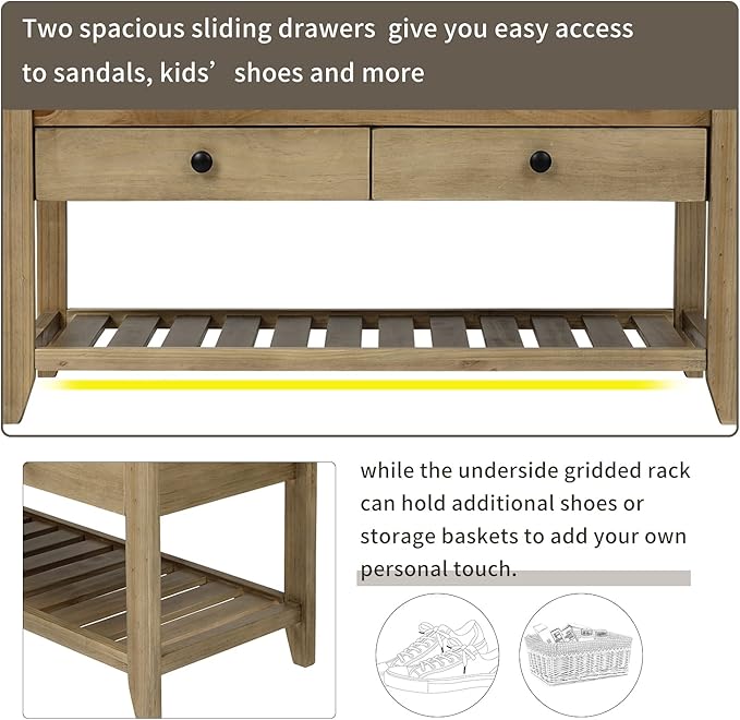 Harper & Bright Designs TREXM Shoe Rack with Cushioned Seat and Drawers, Multipurpose Entryway Storage Bench (Gray Wash)