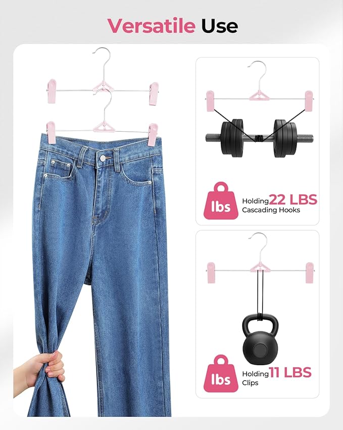 Skirt & Pant Hangers for Women Kid - 30 Pack Pink Space Saving Stackable Skirts Hangers with Clips - Non-Slip, Adjustable for Men, Children, Baby