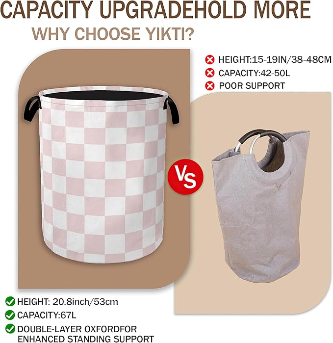 Pink White Checkered Laundry Hamper,Modern Girls Collapsible Laundry Baskets,Waterproof Oxford Cloth Laundry Room Organization for Bedroom,Bathroom,Nursery,16x20 Inch