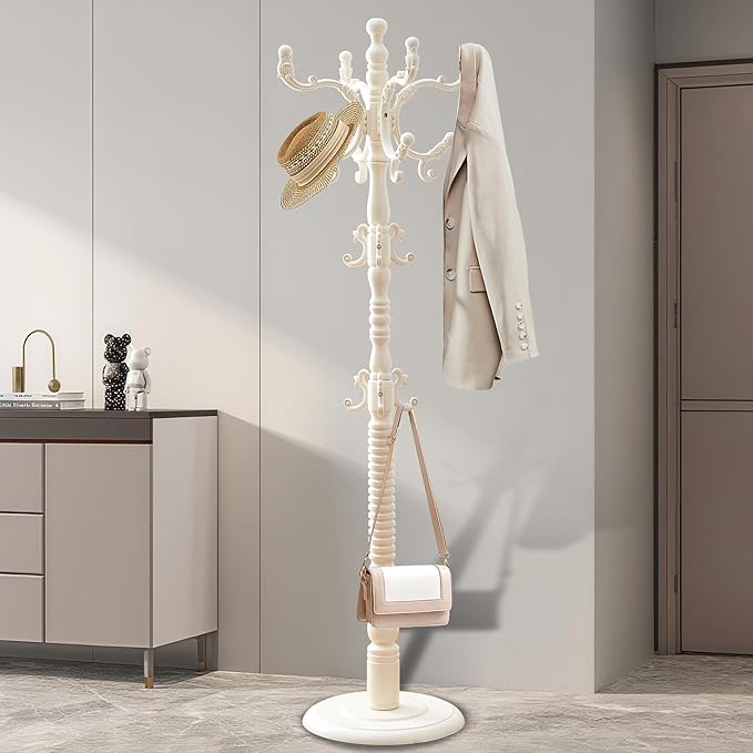 Free Standing Coat Rack with 14 Hooks, Vintage Wooden Coat Tree, Adjustable Height 73 Inches, Retro Coat Stand for Entryway, Living Room, Office & Bedroom (Retro White, 1 PCS)