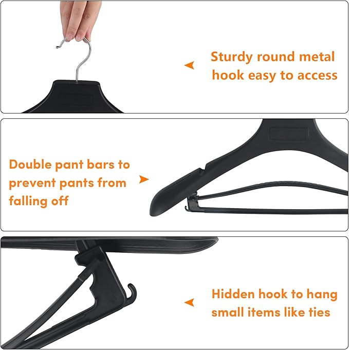 DEDU Suit Hangers for Men 40 Pack, Black Coat Hangers Extra Wide Non Slip Width 17.7", Thick Plastic with Pants Bar & Metal Hook