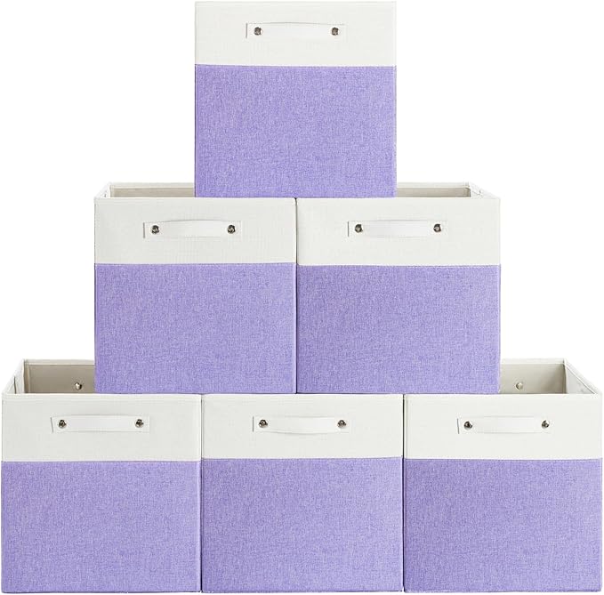 13 x 13 Inch Fine Linen Storage Bins with Handles，Fabric Cube Boxs，Basket Organizers for Shelves for Home, Closet Drawers (White/Purple-6 Pack)