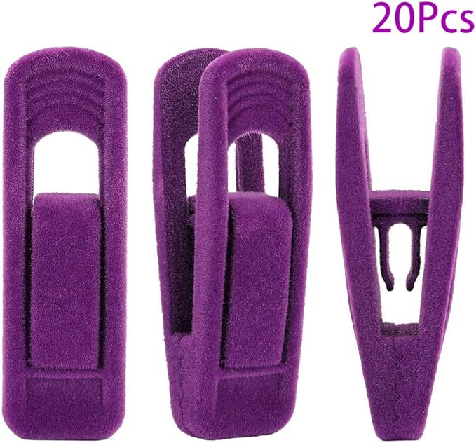 RUNAAJA Velvet Hanger Clips for Pants, Clothes, and Suit; Purple, 20 Pack