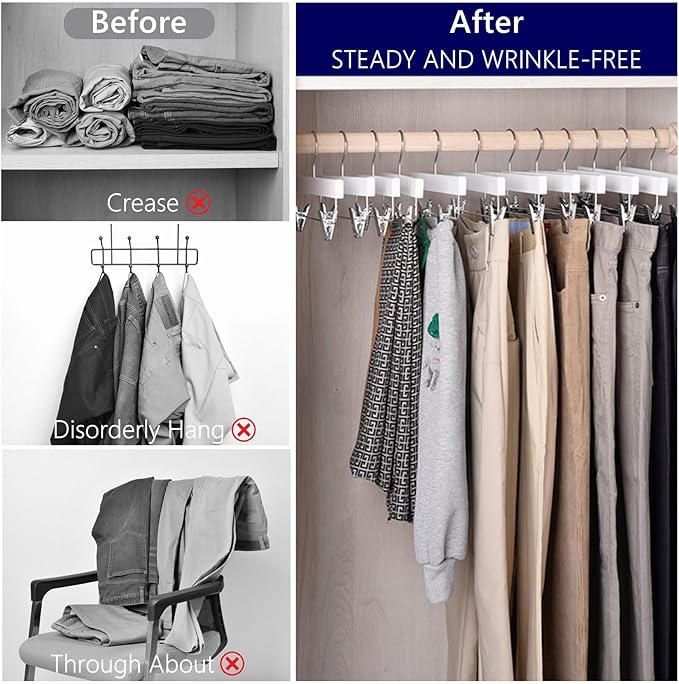 Amber Home 24 Pack White Wooden Pants Hangers with 2-Adjustable Clips for Jeans, Slacks, Shorts
