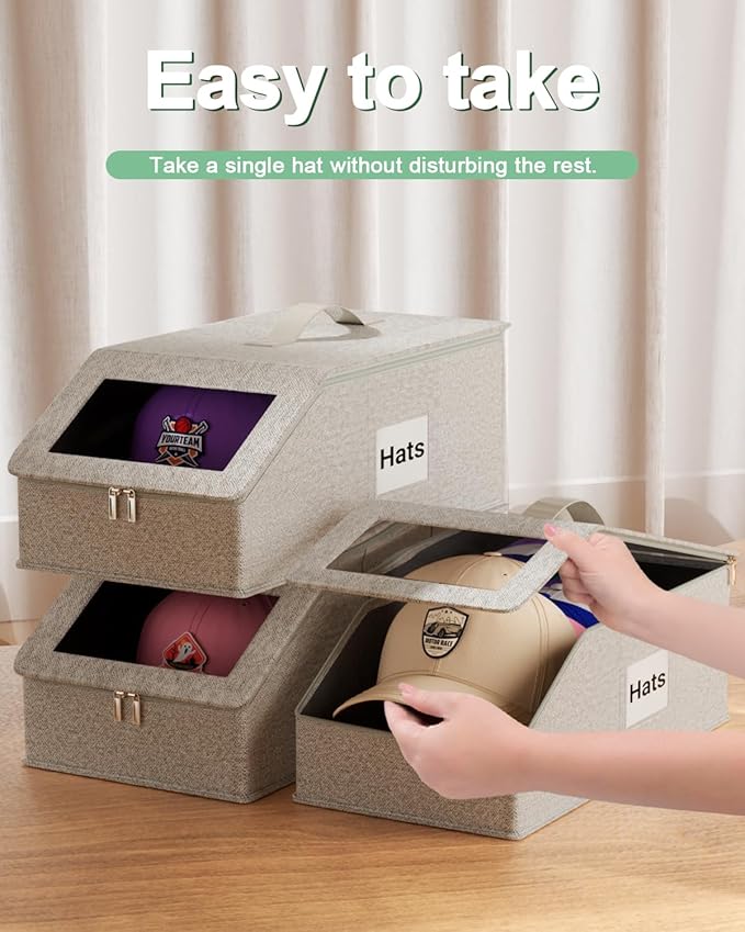 Stackable Hat Organzier for Baseball Caps - 2 PCS Hat Storage Holder Holds up to 26 Caps for Closet, Dust-Proof Hat Boxes Container with Clear Window for Home