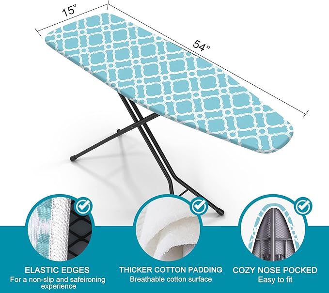 Ironing Board Cover and Pad, Standard Size 15" x 54" Iron Board Replacement Cover, 4 Layers Extra Thick Iron Board Cover Resist Scorching and Staining with Elastic Edge and 2 Fastener Straps