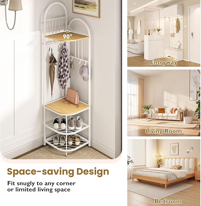 Tangkula Corner Hall Tree, 71 Inch Tall Entryway Coat Rack with Shoe Bench & 4 Storage Shelves, 6 Movable Hooks, Freestanding Metal Corner Clothes Rack for Bedroom Hallway Living Room
