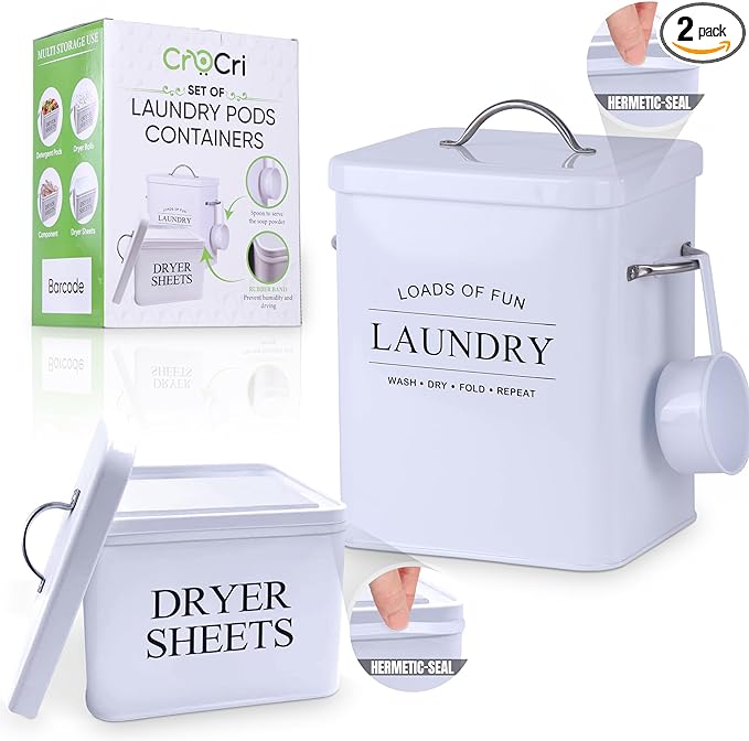 2 Pack Laundry Detergent Container and Dryer Sheet Holder Dispenser with hermetic seal,Farmhouse Laundry Room Organization Containers, Large Metal Laundry Detergent Powder Storage with Scoop