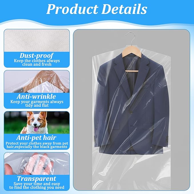 100 Pack Plastic Dry Cleaning Bags Garment Bags for Hanging Clothes Clear Dry Cleaner Covers Transparent Dust-Proof Clothing Covers for Suits Coats Uniforms Laundrette(23.6x35.4 Inch)