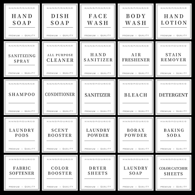 TESWEY 30PCS Waterproof Labels for Bottles, Minimalist Bathroom and Laundry Room Labels Set, Self-Adhesive Labels Stickers for Soap Dispenser and Laundry Jars, Hand Soap Shampoo Conditioner Label