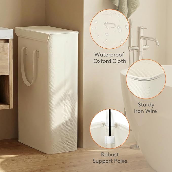 Lifewit 64.9L Slim Laundry Hamper, Narrow Laundry Basket with Lid, Collapsible Clothes Storage with Easy Carry Handles, Thin Hampers for Bathroom Laundry Room Dorm, White