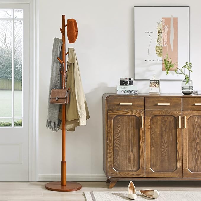 IBUYKE Coat Rack Stand, Freestanding Coat Tree with Solid Round Base and 8 Hooks, Easy Assembly Wooden Coat Hanger, Clothes Rack for Hallway Entryway, Living Room, Bedroom, Office, Brown WD-113