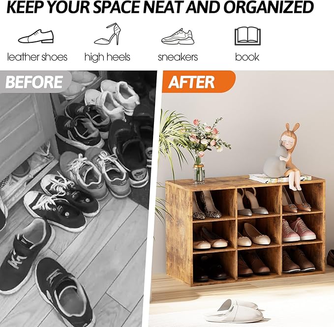 9-Cubby Shoe Rack, 3-Tier Wood Shoe Organizer, Multifunctional Shoe Organizer Bench for Entryway, Mudroom, Hallway, Closet,27.5 * 11.81 * 17.72 Inch,Brown