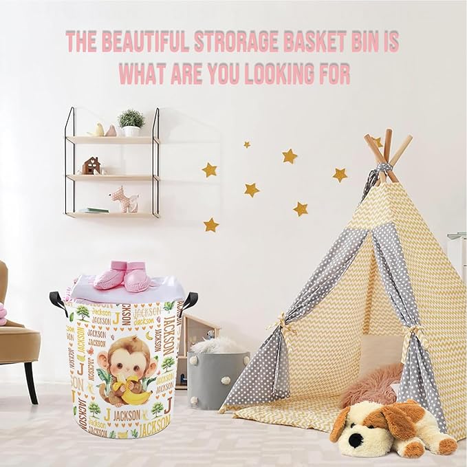 Monkey Laundry Basket,Custom Laundry Hamper with Name,Personalized Monkey Gifts for Boys Girls,Customize Collapsible Laundry Basket for Bedroom Bathroom,S-16.5"x 13.8"
