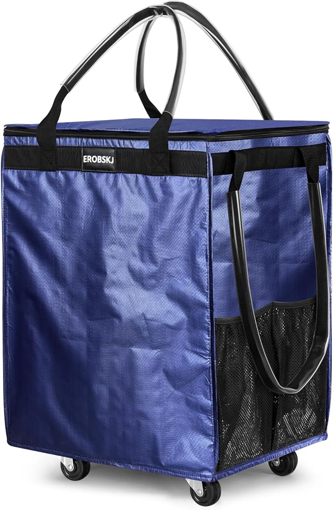 (Medium, Navy) Reusable Grocery Bag on Wheels, 70L Foldable Rolling Tote, Carries Up to 66 lbs Shopping Trolley, Zipper Clouser Shopping Carts for Trips, Laundry, 4 Heavy Duty Wheels and 3 Handles